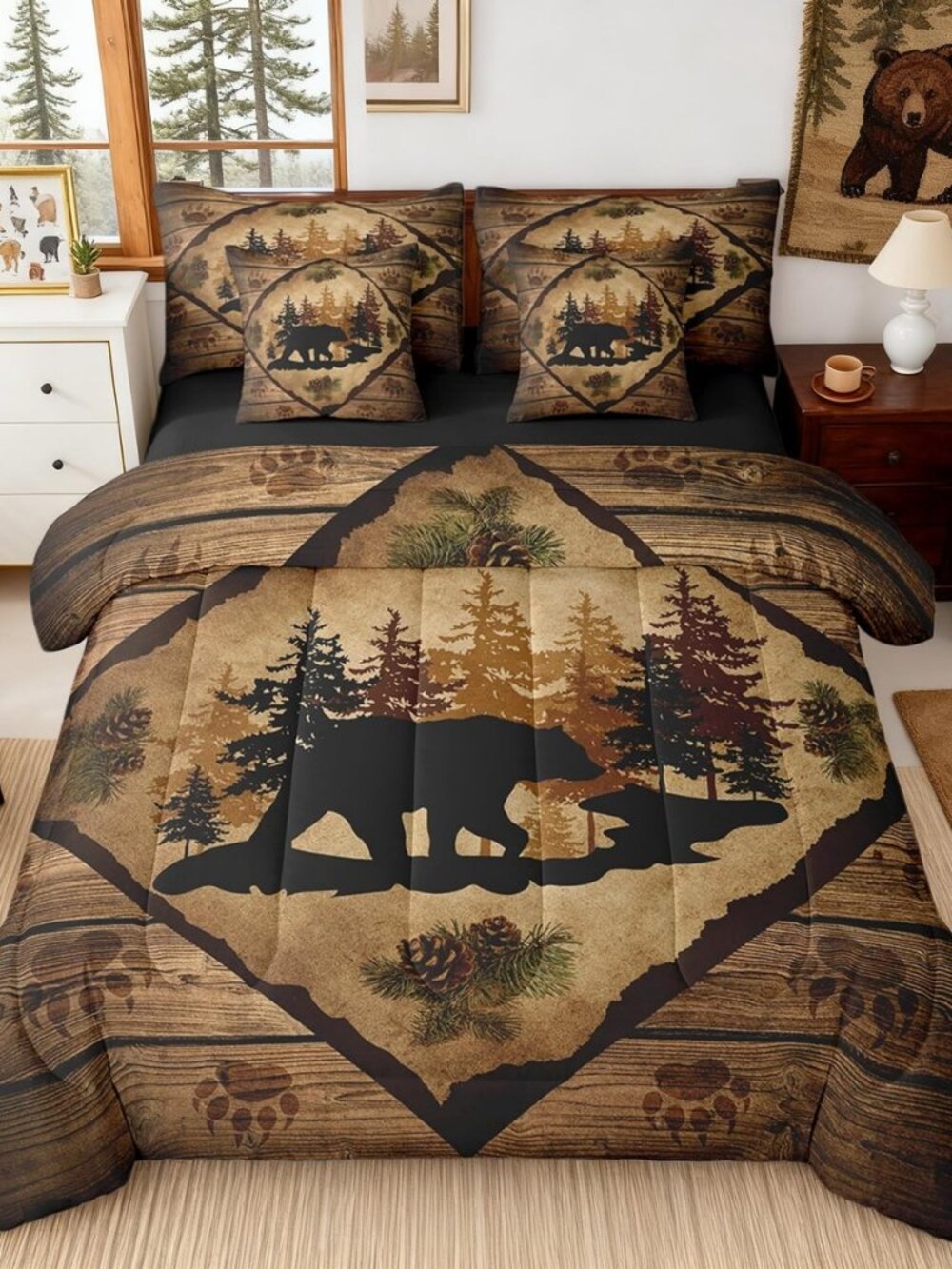 Lodge Cabin Bedding Sets 7 Pcs Queen Bear Wild Animal Silhouette Print Comforter
